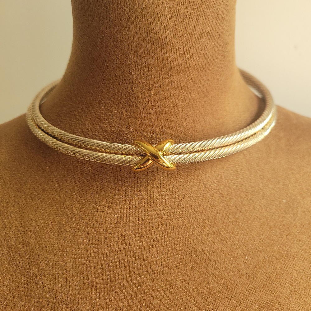 Two Tone Cable Twist X Motif Choker Necklace Silver Gold Tone Size 14" Old Money